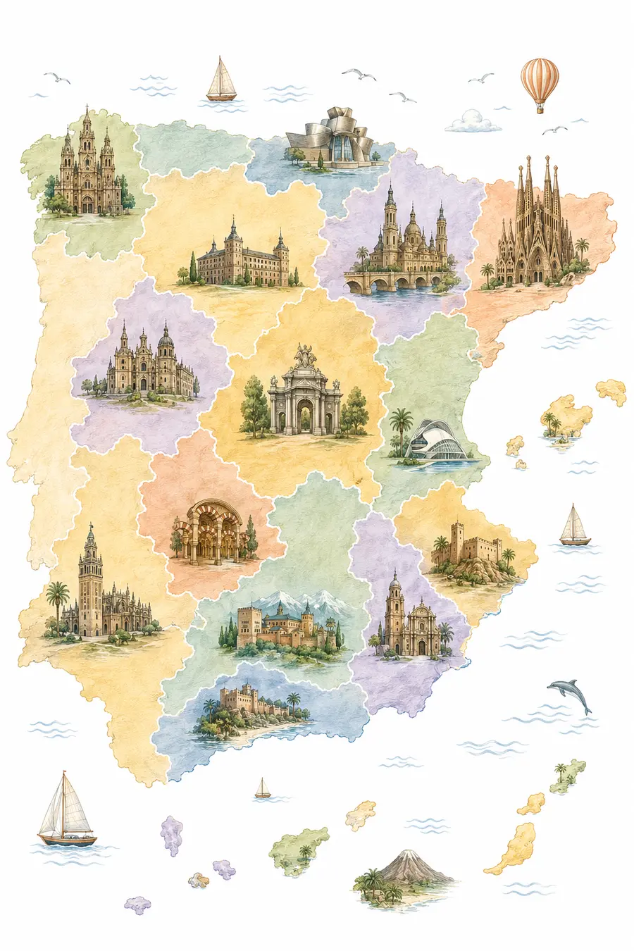Mapa ilustrado de España con ciudades, islas y monumentos